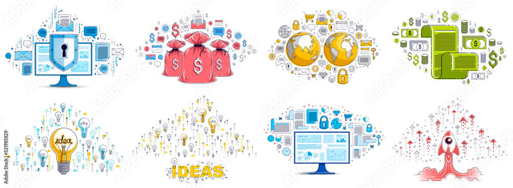 Different business money and finance concepts vector illustrations set, trendy design drawings commercial theme collection, a lot of icons and symbols included, elements can be used separately.