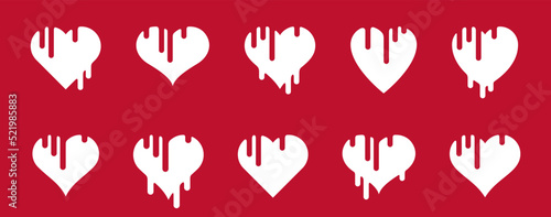 Melting hearts or hearts with paint or blood liquid vector logos or icons set, caramel candy or ice-cream melting style, graphic design simple elements collection.