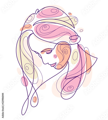 Beautiful face of attractive woman vector linear drawing, sensitive emotional line art adult girl portrait, feminine abstract face line art.