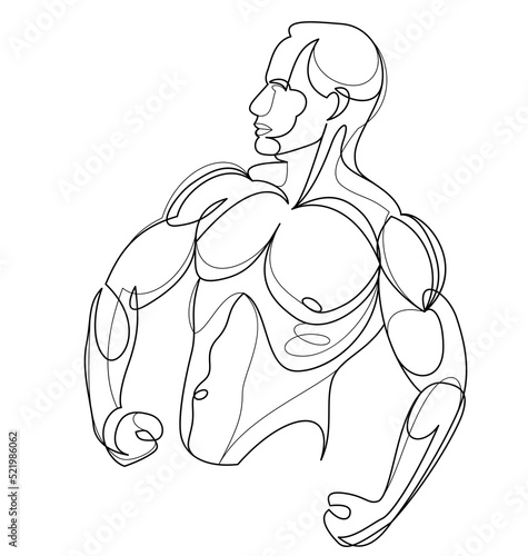 Athletic man torso vector linear illustration, male beauty with perfect muscular fit body posing, artistic drawing of fitness model.