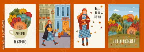 Set of autumn illustrations with cute girl. Vector design for card, poster, flyer, web and other.