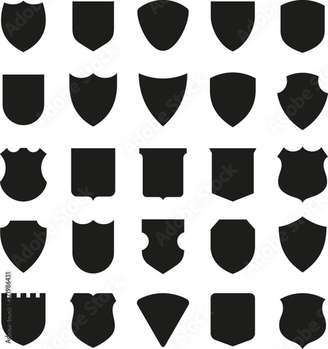 Black shield silhouettes. Shields awards silhouette, knights emblem logo. Shielding patch, military security or insurance symbols. Police army or sport tidy vector elements