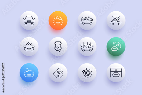 Car wash set icon. Viewing hole, clean, cleaning, foam, water drops, stars, shine, around the clock, wipe, sponge, wheel, tire. Service concept. Neomorphism style. Vector line icon for Business