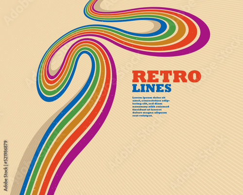 Linear vector abstract background in all colors of rainbow, retro style lines in 3D dimensional perspective, vintage poster art.