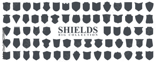 Big collection of classic shapes of shields vector symbols set, classical ammo shields protection and safety icons, a lot of different logos or emblems design elements.