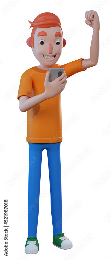 3D illustration boy looking at phone with gesture celebrating victory Transparent PNG 3D illustration boy looking at phone with gesture celebrating victory Transparent PNG
