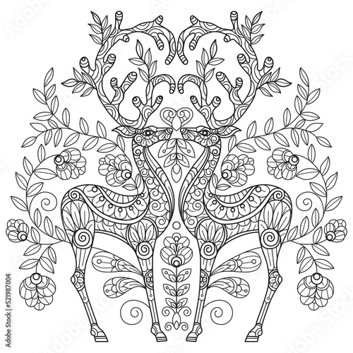  Deer and heart. Hand drawn sketch illustration for adult coloring book