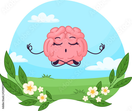 Calm funny brain meditation in harmony. Smart inner cartoon organ, mental balance. Keep mind in focus, health intelligence and psychology garish vector scene