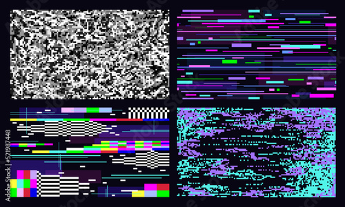 Glitched textures. Glitch glowing computer screen, tv white noise graphic. 80s art distortion pixelate, digital signal failed. Cyberpunk style racy vector background