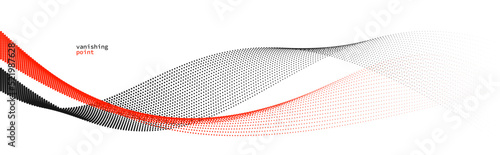 Smooth and relaxing shape vector abstract background with wave of flowing particles, curve lines of dots in motion, red and black tranquil and soft image.