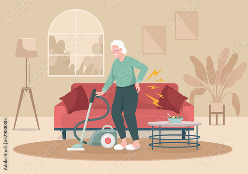 Senior woman with back pain cleaning house flat color vector illustration. Lower back pain attack. Spine disease. Fully editable 2D simple cartoon character with living room on background