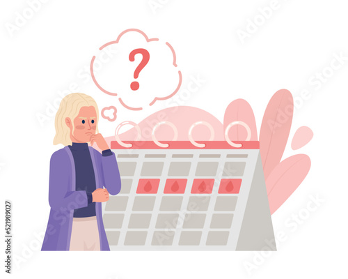 Woman worried by menstrual cycle 2D vector isolated illustration. Doubting flat character on cartoon background. Colourful editable scene for mobile, website, presentation. Pacifico Regular font used