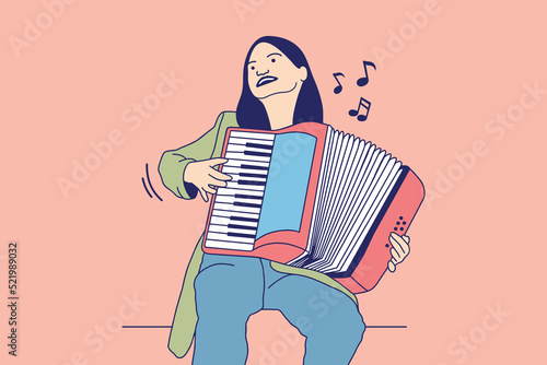 Illustrations of Beautiful Young woman sings and playing accordion 