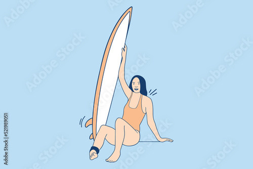 Illustrations of Beautiful surfer girl hold surf board on the beach at summer
