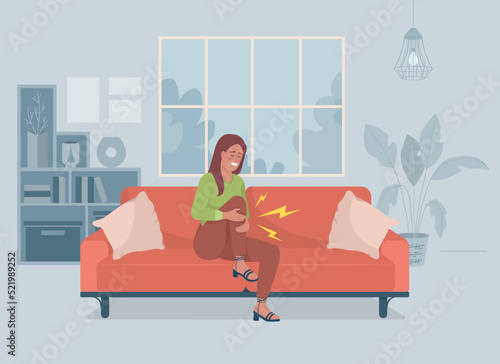 Woman suffering from pain in leg flat color vector illustration. Arthritis attack. Injured joint problem. Knee ache. Fully editable 2D simple cartoon character with living room on background