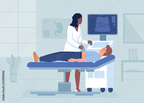 Ultrasound scanning process flat color vector illustration. Inner organs research. Doctor appointment. Medical technology. Fully editable 2D simple cartoon characters with hospital on background