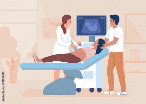 Sonogram of pregnant woman flat color vector illustration. Family visiting doctor. Ultrasound scanning. Prenatal care. Fully editable 2D simple cartoon characters with hospital on background