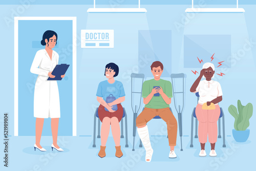Patients waiting for doctor appointment flat color vector illustration. Queue in hospital. Healthcare. Fully editable 2D simple cartoon characters with clinic on background. Bebas Neue font used