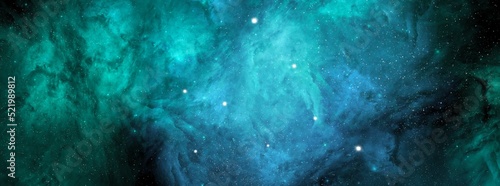 Nebula and stars in night sky web banner.  Space background with realistic nebula and shining stars. Abstract scientific background with nebulae and stars in space.  Multicolor outer space.
