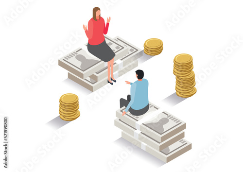 アイソメトリック＿お金の話をするしている男性と女性