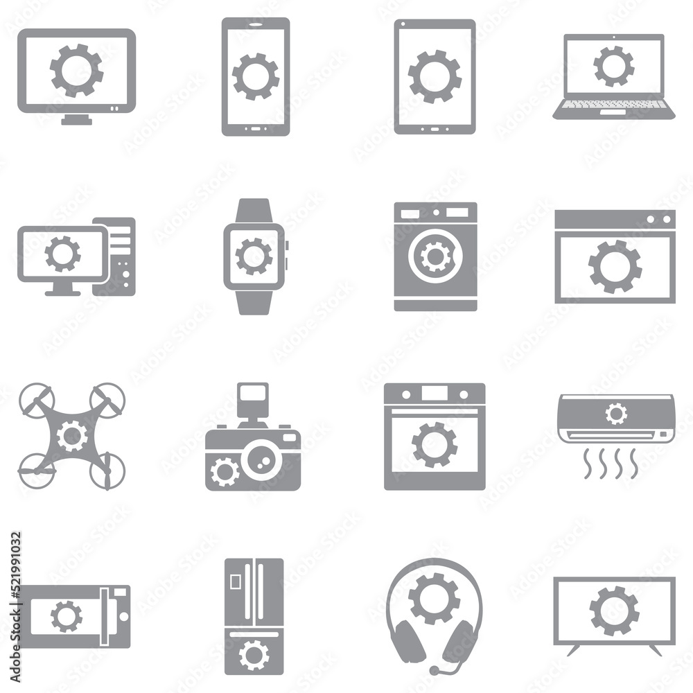 Electronic Settings Icons. Gray Flat Design. Vector Illustration.