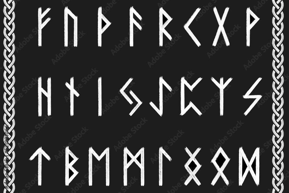 The runic alphabet or futhark raw dark illustration, white on black The runic alphabet or futhark raw dark illustration, white on black