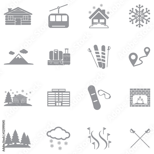 Ski Resort Icons. Gray Flat Design. Vector Illustration.