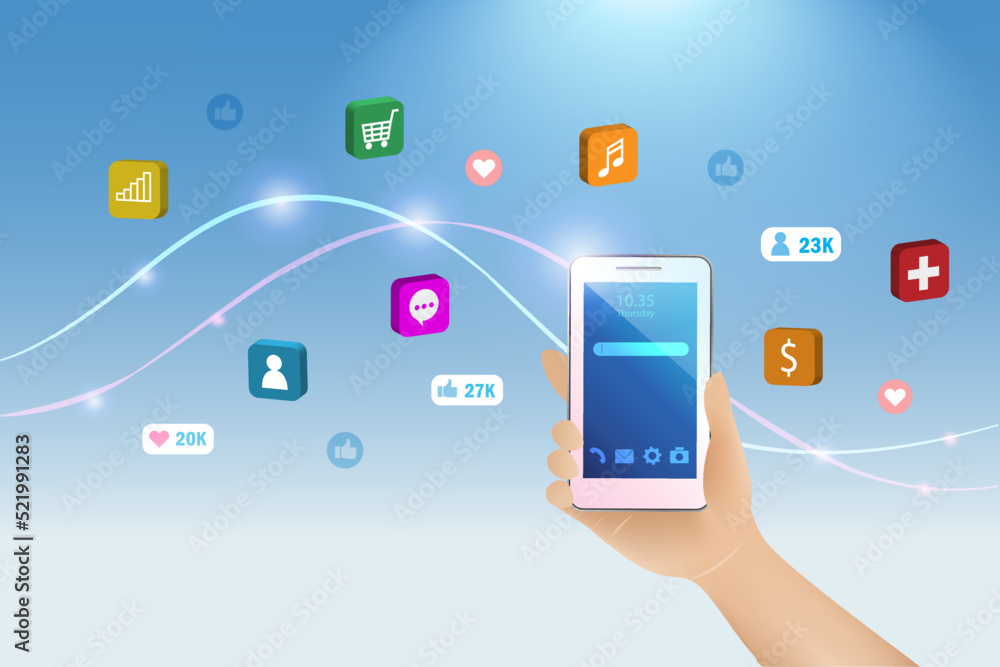 Hand holding smartphone with 3D mobile applications icons. Wireless technology and communication with networking concept. Hand holding smartphone with 3D mobile applications icons. Wireless technology and communication with networking concept.