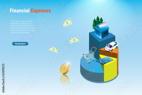 Financial expenses in 3D pie graph for home, car, shopping and credit card. Cash, money management with fixed income on high cost of living, bill expense payment, debt stress concept.