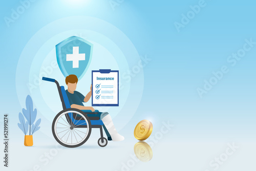 Man with broken leg in plaster cast on wheelchair holding health insurance policy. Medical and healthcare insurance planning for people health protection.