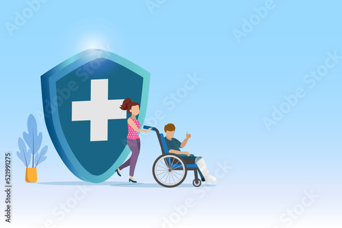 Man with broken leg in plaster cast on wheelchair with medical insurance shield. Medical and healthcare insurance planning for family accident and health protection.