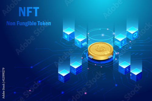 NFT non fungible token with block chain technology. 3D NFT crypto coin for collectible digital art and block chain in electronic circuit board futuristic background.