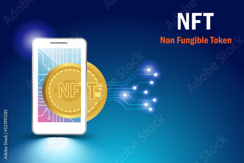 NFT non fungible token. 3D NFT digital coin for collectible digital art  technology on smart phone in futuristic background.