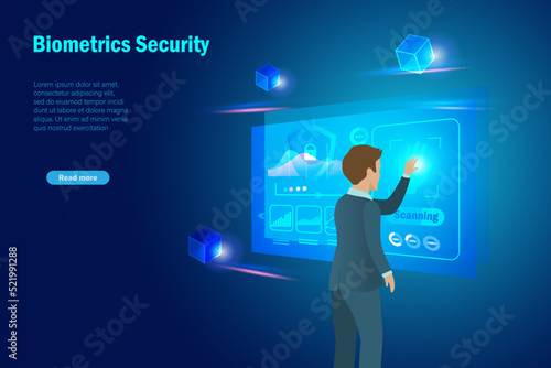 Cyber security, biometric security to access financial transaction. Businessman use hand scanning online connect to business investment global network connecting, financial technology.