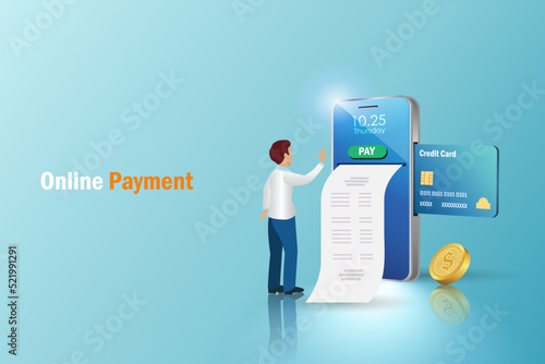 Man with online credit card payment and digital billing on smart phone. Mobile internet banking paying for electronic invoice, utilities, shopping bills.