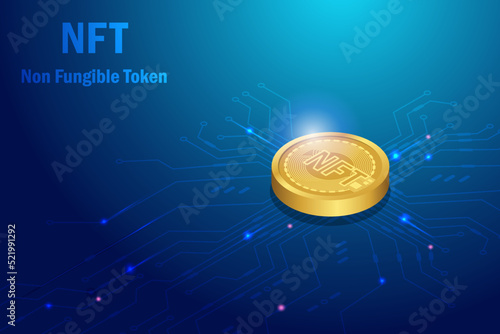 NFT non fungible token. 3D NFT crypto coin for collectible digital art  technology in electronic circuit board futuristic background.