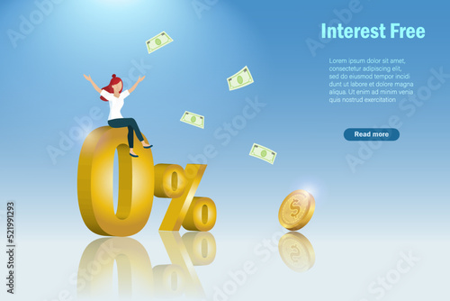 Happy woman on 0% interest free rate. Financial promotion for banking, shopping, home loan and mortgage loan concept. 