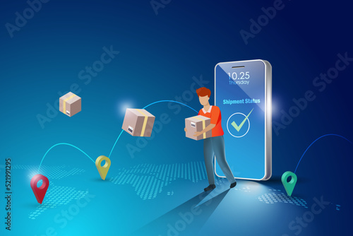 Delivery man holding shipment cartons from smartphone with world map background. Smart logistics and supply chain delivery tracking system. Import export shipping freight transportation technology .