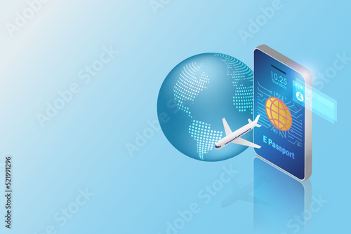 E passport, electronic passport on smartphone with luggage and airplane. Digital official passport online for traveling.