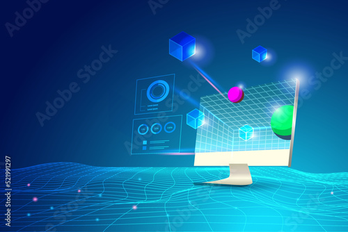 Block chain technology connecting digital cube to big data on computer. Online exchange  and transfer security business information in futuristic background.