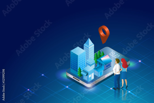 Home loan, real estate, mortgage property and refinance concept. Family couple online search home for sale on smartphone app. Real estate investment technology.