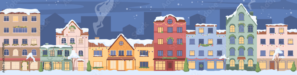 Winter cityscape, skyline with old town building exterior. Christmas time, snowing weather for xmas holidays. Street with houses. Flat cartoon, vector in flat style