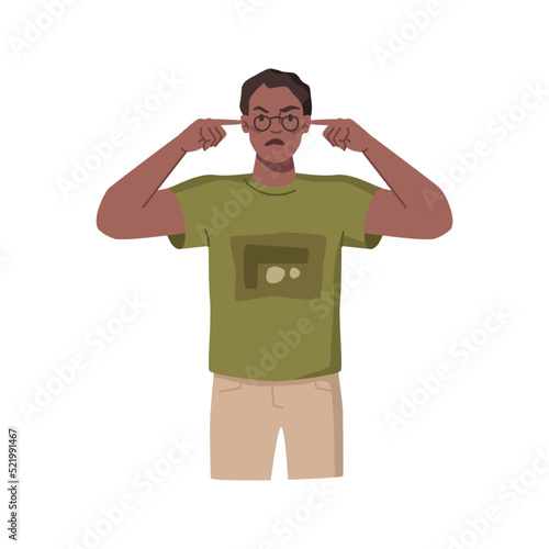 Man plugs ears with fingers, fear of loud sounds and unpleasant noise. Afro american man covering ears with fingers. Human emotion concept illustration in vector cartoon style