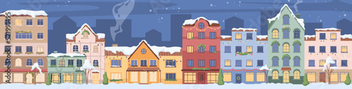 Winter cityscape, skyline with old town building exterior. Christmas time, snowing weather for xmas holidays. Street with houses. Flat cartoon, vector in flat style