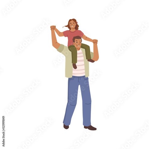 Father and daughter spending time together, isolated kid on dads shoulders. Happy family recreation on weekends. Kid and parent. Flat cartoon, vector in flat style