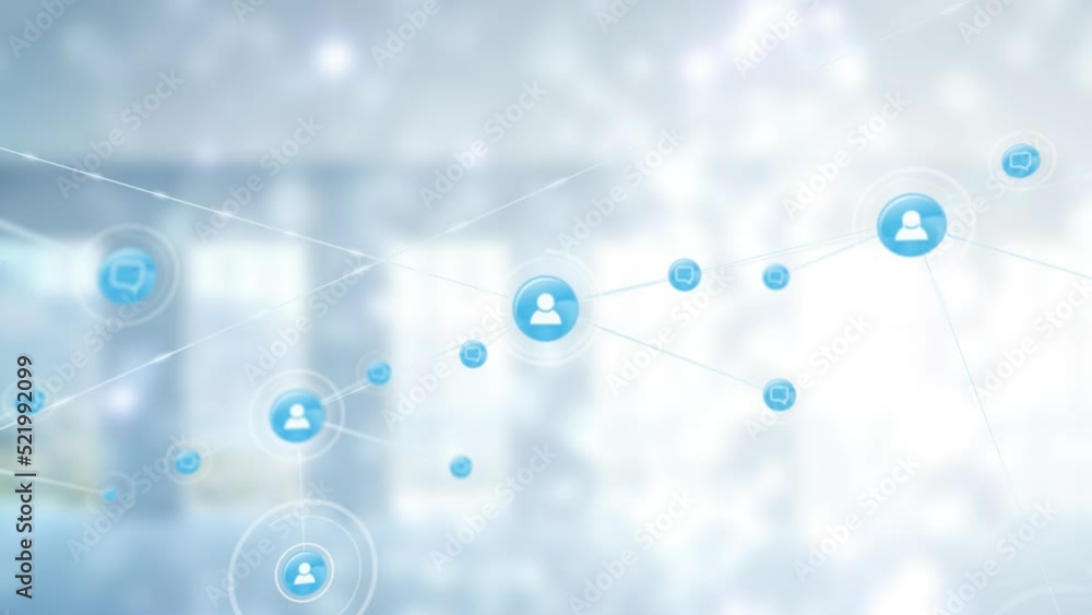 Animated illustration of human icons and message signs representing global communication Animated illustration of human icons and message signs representing global communication