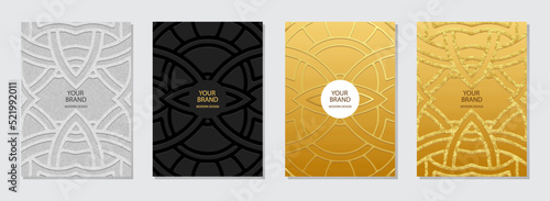 Cover set, vertical templates. Collection of ethnic relief backgrounds with 3d pattern, geometric golden texture from curly lines. Place for text and advertising, design for website, presentation, fly