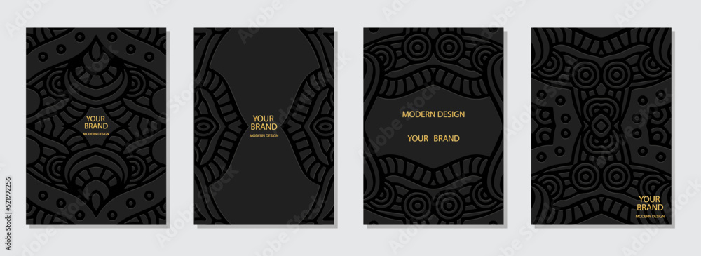 Cover set, vertical templates. Collection of relief exotic black backgrounds with 3d pattern, geometric ornamental ethnic texture. Tribal ideas of the East, Asia, India, Mexico, Aztecs, Peru.
