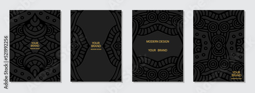Cover set, vertical templates. Collection of relief exotic black backgrounds with 3d pattern, geometric ornamental ethnic texture. Tribal ideas of the East, Asia, India, Mexico, Aztecs, Peru.
