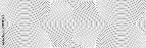 Banner, cover design. Embossed ethnic 3D pattern of stripes and lines on a white background, art deco style. Tribal geometric ideas for websites, presentations.